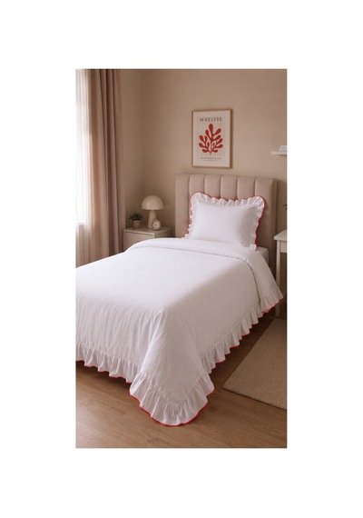 %100 Pamuk Overloklu Fırfırlı Tek Kişilik Nevresim Takımı Lastikli Çarşaflı 160x200 Cm Kırmızı - 904799828 Kırmızı