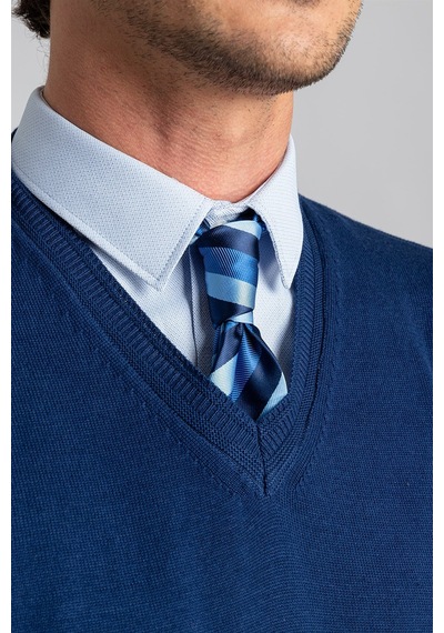 Tudors Slim Fit Dar Kesim V Yaka Pamuklu Erkek Kazak-22478 Mavi