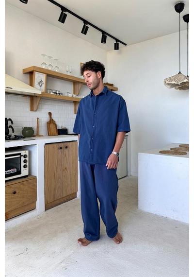 Flaw Basic Oversize Kısa Kol Keten Gömlek Lacivert-26085 Lacivert