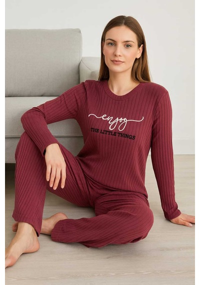 Tenra Kadın Pijama Takımı %100 Pamuk Bordo