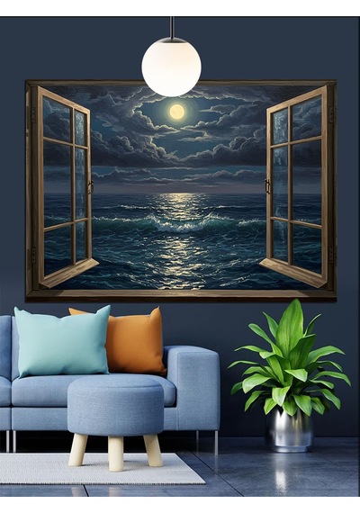 Açık Pencereden Dolunay Manzarası Dekoratif Kanvas - Mdf Ahşap Tablo