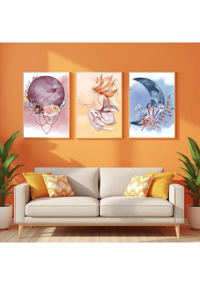 Besay Kozmik Rüya Meditasyon Ve Yoga Odası Dekorasyonu Çiçekli Kristal Ve Kadın Figürlü Poster 3'lü Set A2 Çerçevesiz