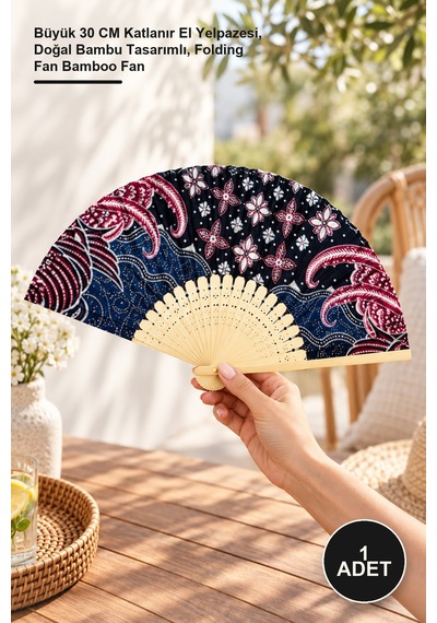 1 Adet Bambu Yelpaze Büyük 30 Cm Katlanır El Yelpazesi, Doğal Bambu Tasarımlı, Folding Fan Bamboo Fan