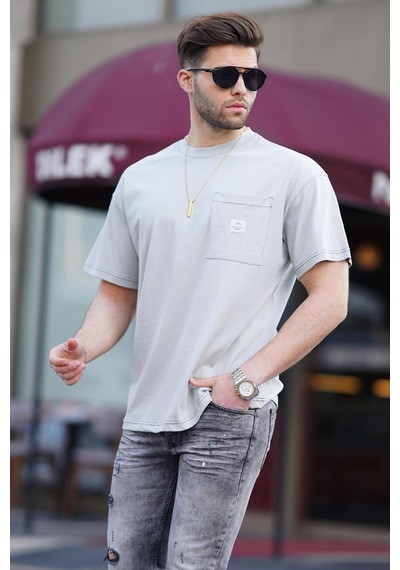 Madmext Boyalı Gri Oversize Cep Detaylı Erkek Tişört 7001-boyalı Gri Boyalı Gri
