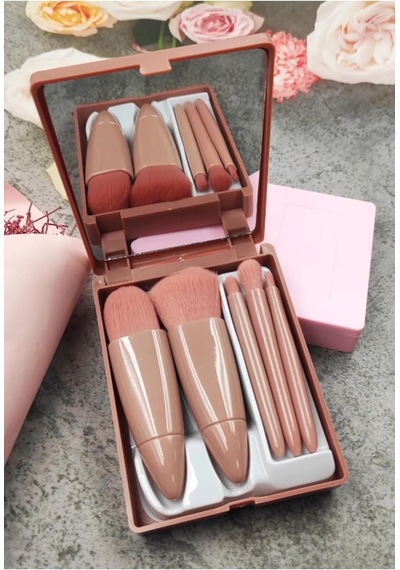 Tr C005 Taşınabilir 5 Parçalı Aynalı Profesyonel Makyaj Fırça Seti - Taşınabilir Mini 10.5cm Bakır Renk