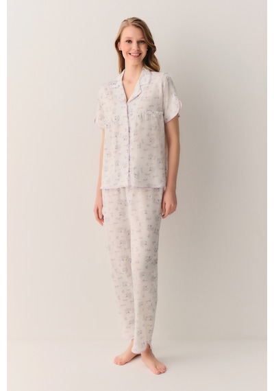 Suwen Butterfly Pamuklu Gömlek Yaka Pijama Takımı Sh26602660b338 Ekru