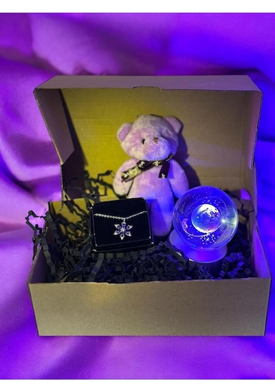 Lapidaria Ayıcık, Lotus Kamelya Çiçeği Kolye Ve Satürn Temalı Işıklı Dolunay 3d Led Işıklı Cam Standart