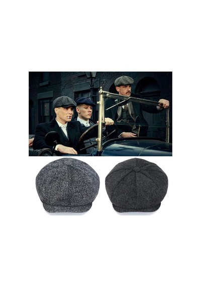 2 Adet Ingiliz Kasket Dökümlü Standart Kışlık Yün Peaky Blinders Kasket Arkası Lastikli Gri