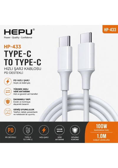 Hepu Hp-433 Royal Type-c To Type-c Kablo Hızlı Şarj Ve Veri Aktarımı 1 Metre 0.1 M