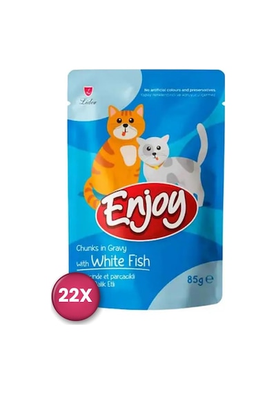 Enjoy Pouch Sos İçinde Et Parçacıklı Beyaz Balıklı Yetişkin Kedi Konservesi 85 Gr X 22 Adet