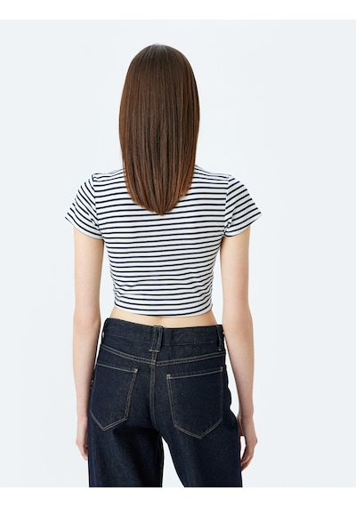 Koton Crop Bisiklet Yaka Kısa Kollu Slim Fit Tişört Lacivert Çizgili 5sal10192ık 7s2 Çok Renkli