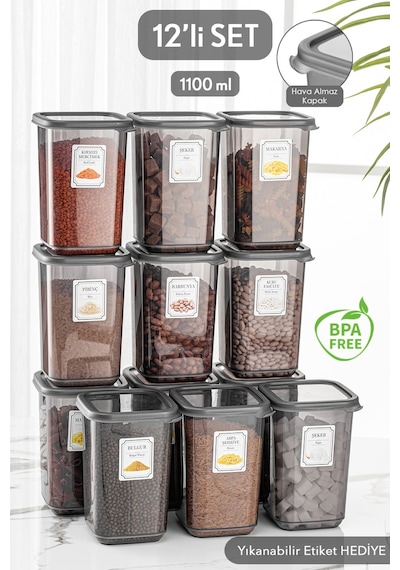 Meleni Home 12'li Set Pino Etiketli Büyük Boy Kare Erzak Saklama Kabı Seti Antrasit 12 X 1.10 Lt
