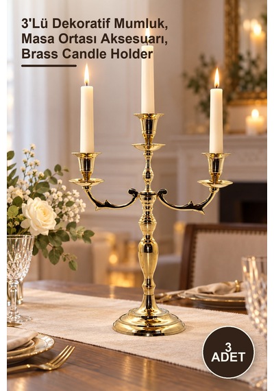 3 Adet Pirinç Şamdan Seti 3'lü Dekoratif Mumluk, Masa Ortası Aksesuarı, Brass Candle Holder Diğer