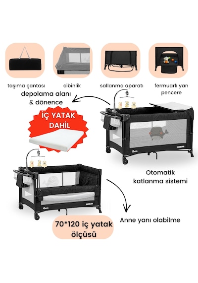 Gulz Beskar Anne Yanı Sallanır Cibinlikli Dönenceli Alt Açmalı Oyun Parkı Bebek Beşik 70 x 120 CM + Yatak Siyah