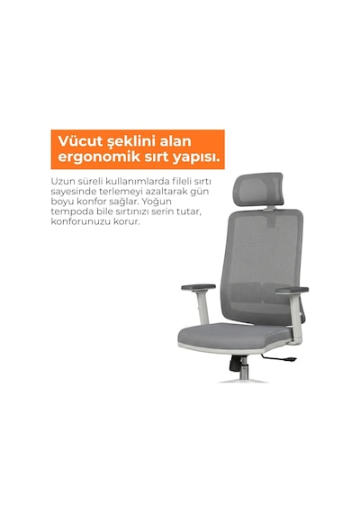 Greta Ergonomik Fileli Çalışma Koltuğu Gri&beyaz Ofis Sandalyesi Ayarlanabilir Başlık, Bel Desteği Ve Hareket Diğer