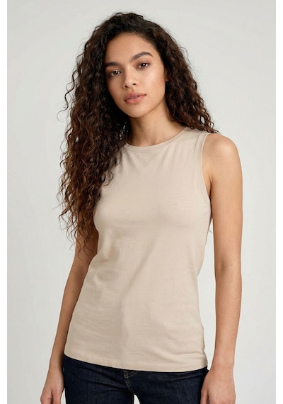 Bej Slim Fit Basic O Yaka Sıfır Kol Kadın Atlet - 97313 Bej