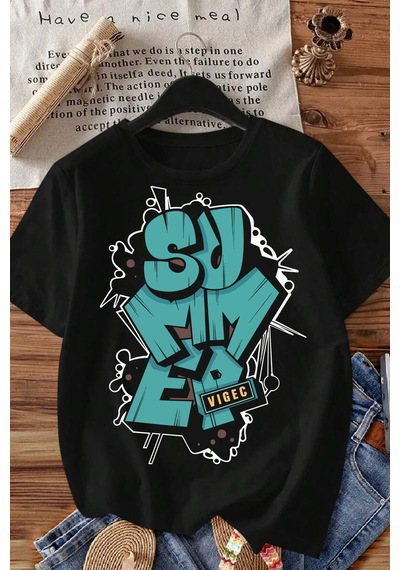 Spoyi Summer Vibe Tasarımlı %100 Pamuk Yarım Oversize Siyah T-mhirt