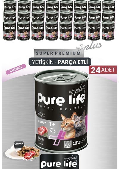 Pure Life Plus 24'lü Kuzulu Yetişkin Kedi Chunk Konserve Parça Etli Yaş Mama 400 G