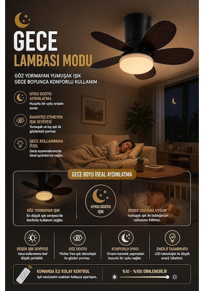 42w Tavan Vantilatörü Led Avize Armatür 64cm 5 Kanat 6 Kademeli Fan Ters Dönüş Ve Gece Lambası Modu Uzaktan Kuman