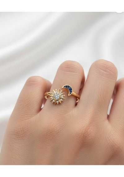 Çekirdekjewelry 925 Ayar Gümüş Ayarlanabilir Ay & Güneş Yüzük Sarı