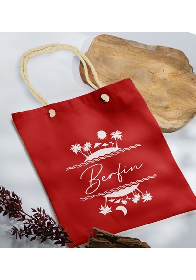 Bk Gift Kişiye Özel Yaz Temalı İsimli Kırmızı Halat Saplı Kumaş Plaj Çantası -1, Baskılı Omuz Çantası, Alışveriş Çantası, Arkadaşa Hediye, Sevgiliye H Haki
