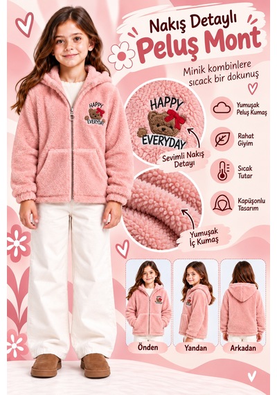 Ahengim Kız Çocuk Kapüşonlu Peluş Mont Fermuarlı Cepli Ayıcık Nakışlı Sıcak Tutan Ceket Ak4129 Pembe