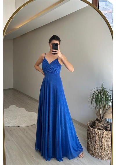 Neşeli Butik Kadın Işıltılı Askılı Yırtmaç Detayı Şifon Abiye Elbise Nm002 Mavi