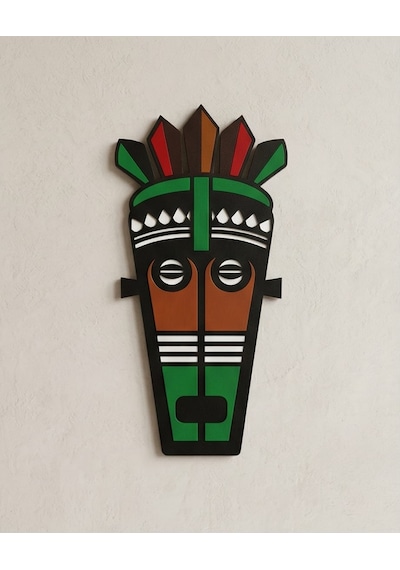 Afrika Tribal Ahşap Duvar Mask Mdf - Siyah Yeşil Kırmızı Klasik Kabile Maskı 1