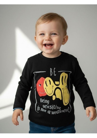 Zekids Erkek Bebek Pamuklu Emoji Baskılı İnce Uzun Kollu T-shirt-12532 Siyah
