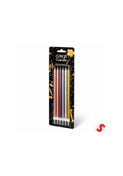 Metalik Çok Renkli İnce Uzun Pasta Mumu 19 Cm - 6 Adet