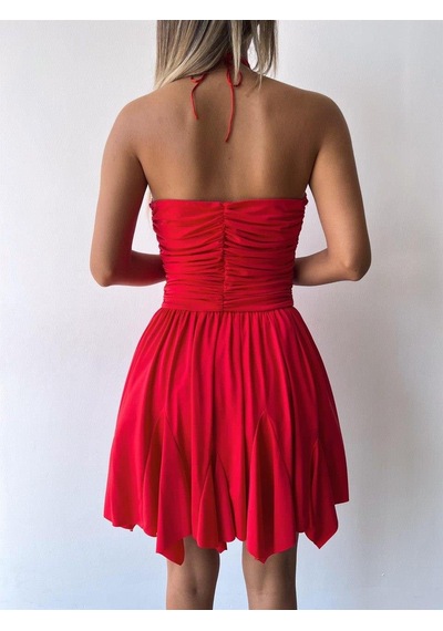 Drape Detaylı Boyundan Bağlamalı Etek Ucu Asimetrik Kesim Mini Elbise-523 Kırmızı