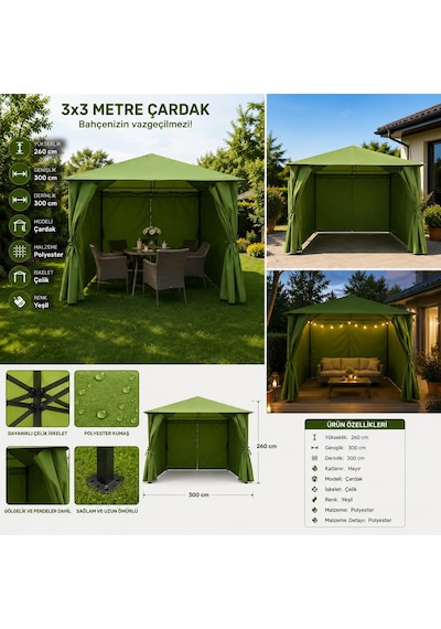 Store Gazebo 3x3 Metre Yeşil Bahçe Çardağı Çelik İskelet Polyester Kumaş Bahçe Kamelyası