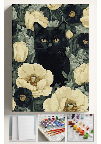 Sayılarla Boyama Tuval Seti Fırça Boya Dahil Çıtalı 40x50 Cm - Beyaz Çiçekler Siyah Kedi