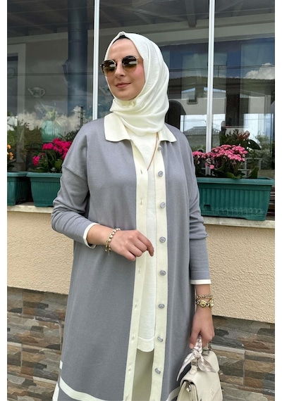 Rabia Şamlı İmge Çizgili Triko Hırka Gri Normal