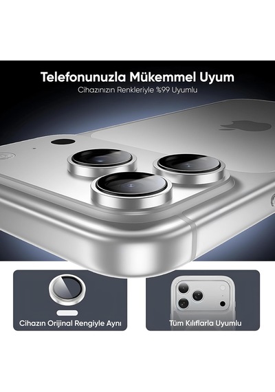 İphone 16 Pro-16 Pro Max/17 Pro-17 Pro Max İle Uyumlu Kolay Kurulum Aparatlı Alüminyum Alaşım Çerçeveli Ve 9h Sertliğinde Temperli Camlı Lens Koruyucu Gümüş, Lens Glass