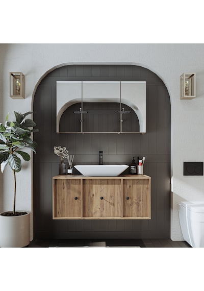 Lavabolu Mat Mdf 105 Cm Çekmeceli Dolap + Aynalı Üst Dolap Atl Atlantik Çam