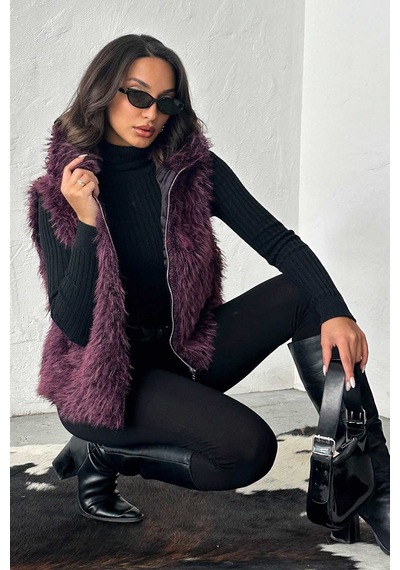 Verymoda Yapay Kürk Kadın Yelek Fermuarlı, Yumuşak Dokulu I Vmf2046 Mürdüm