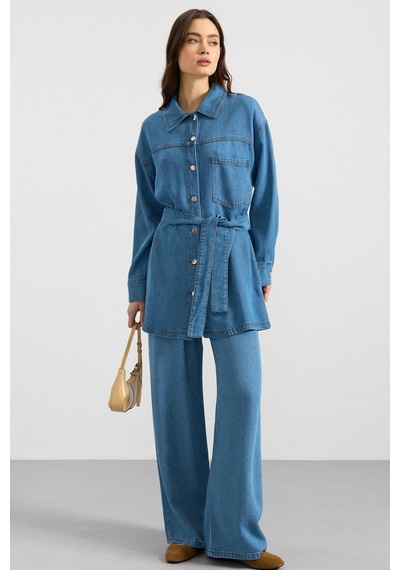Olcay Metal Düğmeli Soft Denim Ceket Pantolon Mavi 9401-tk