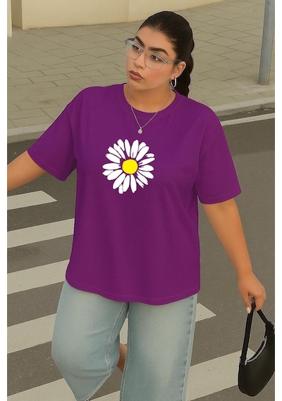 Büyük Beden Papatya Baskılı Unisex Tişört Mor