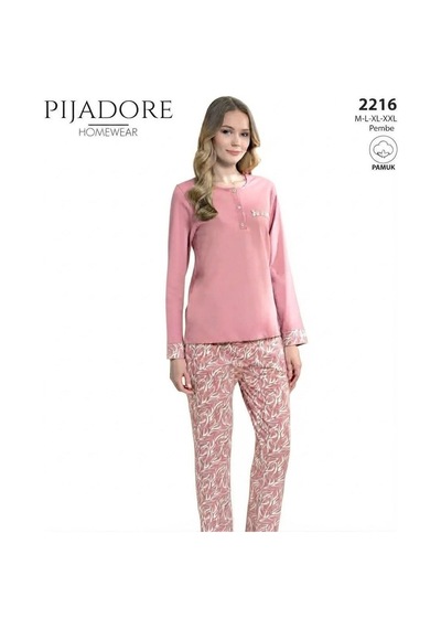 Feyza Pijadore Kadın Önü Düğmeli Uzun Kollu Mevsimlik Pijama Takımı 2216 Pembe