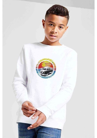 Tshirthane Plaj Classic Transit Baskılı Unisex Çocuk Beyaz Sweatshirt Beyaz