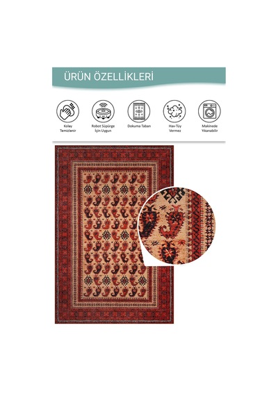 Artloop Dorian Eskitme Vintage Desenli Otantik Yıkanabilir Kırmızı Şönil Halı Al 441