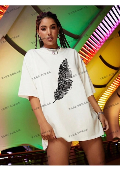 Startmore Tüy Baskılı Oversize Kalıp Unisex T-shirt Beyaz