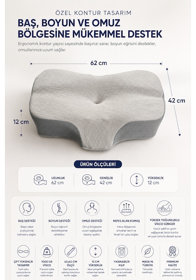 Premium Visco Yastık 62x42 Cm Boyun Destekli Ortopedik Uyku Yastığı Açık Gri
