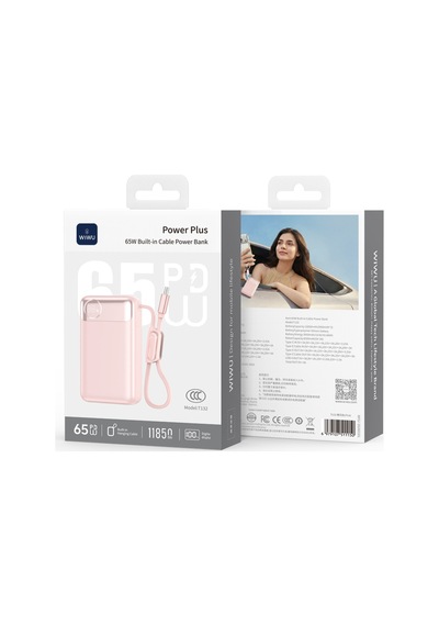 Wiwu T132 Power Plus Serisi Type-c Kablolu Pd Powerbank 65w 12000mah Pembe