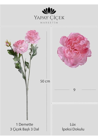 Pembe Yapay Ranunculus Şakayık Çiçeği 3 Dallı Lüx İpeksi Dokulu 50 Cm