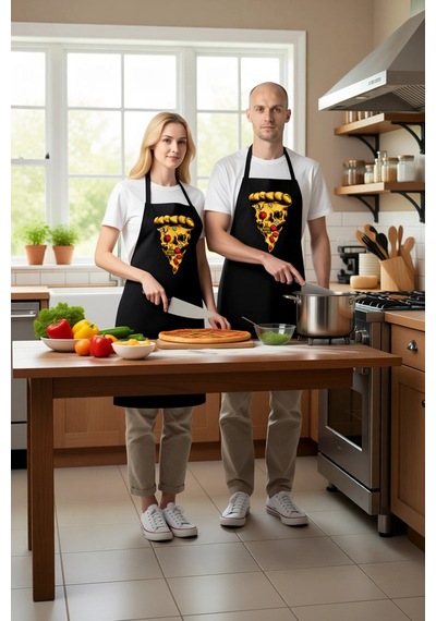 Unisex Mutfak Aşçı Önlüğü Kafatası Pizza Dilimi Baskılı Dtf Dijit Siyah