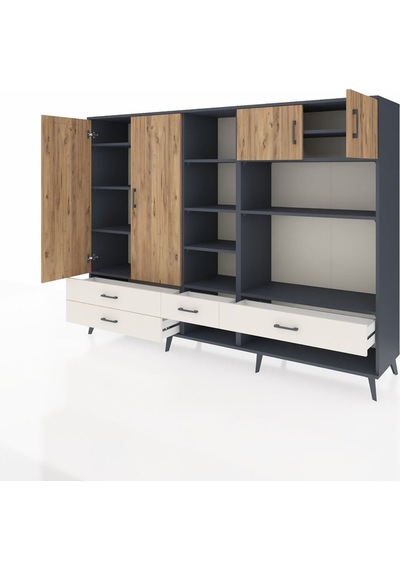 Hyperion Dolap 12 Raflı 4 Çekmeceli 4 Kapaklı 220x44x163 Antrasit Antrasit-çam/aytaşı