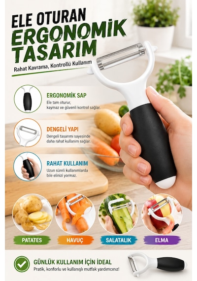Siyah Saplı Sapan Soyacak Paslanmaz Çelik Sebze Meyve Soyucu Ergonomik Pratik Mutfak Aparatı