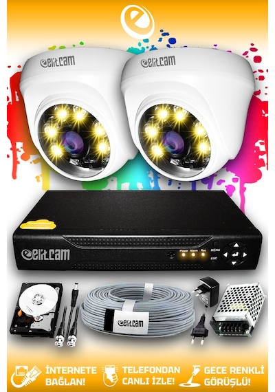 Elitcam 2 Kameralı Dome 2 İç Kamera Set 250 GB HDD Full HD Renkli Gece Görüşlü Güvenlik Kamerası Sistemi